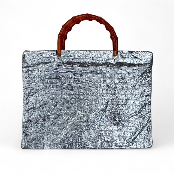 Vintage 1960s metallic silver tote bag with lucite bamboo handles - Picture 1 of 10